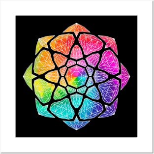 Rainbow Vector Crystal Mandala - White Outline Posters and Art